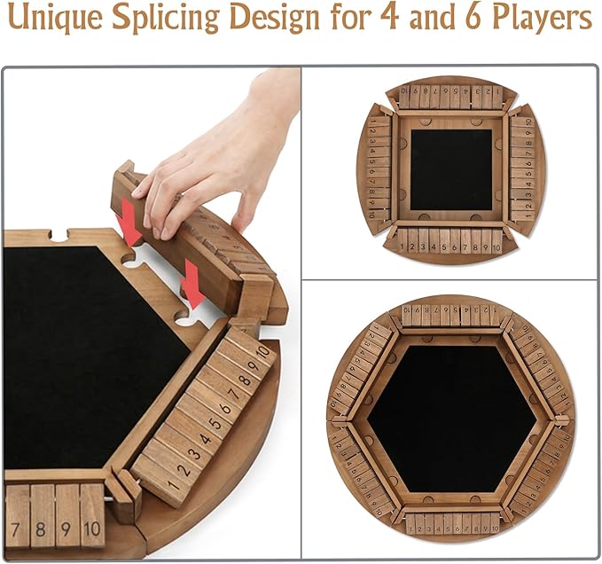 Shut The Box Game for 1-6 Players, Plusvivo Large Round Wooden Board Dice Game with 14 Dice for Adults, 6 Way Clever Math Game for Home Classroom or Pub