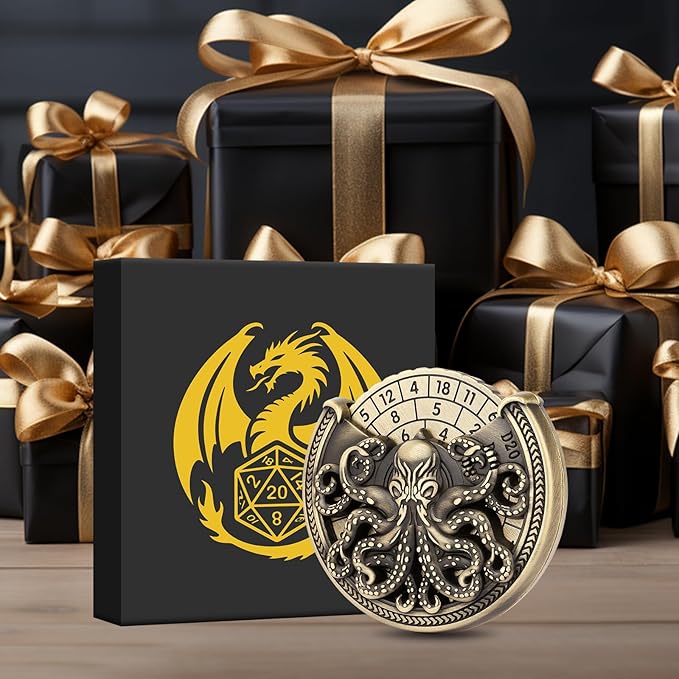 Spinner DND Dice Set, 7-in-1 Metallic D&D Dice, Octopus Roulette Dice Spinner for DND Dice Set, D&D Gifts with Gift Box, Father's Day, Role Playing Game Board Game Accessories, Bronze