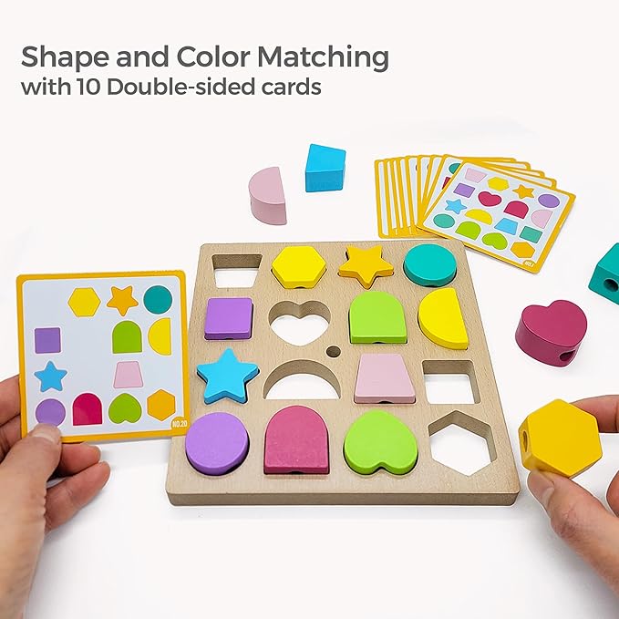 Jispring Puzzle Games for Dementia, 3-in-1 Color Matching Shapes, Wooden Shape Sorter for Alzheimers, Beads Sequencing for Elderly, Fidget Sensory Toys for Seniors, Keeping Hands Busy, Anxiety Relief