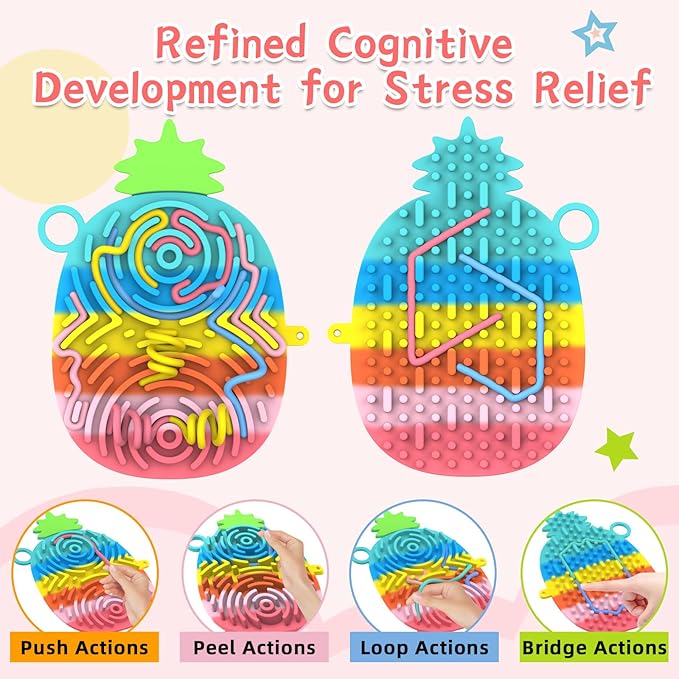 Silicone Sensory Activity Board,Double-Sided Busy Board for Fine Motor Skill,Fidget Toy for Calming, Stress, Anxiety, ADHD , Autism , Silent, No Mess , Kids 3+ & Adults(Pineapple)