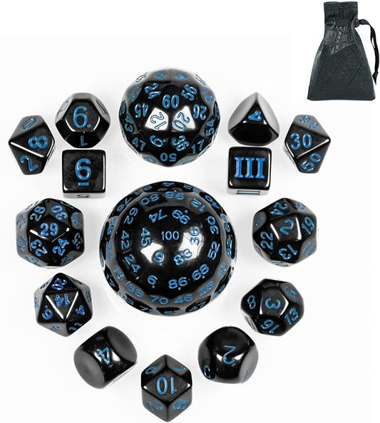 15 Pieces Complete Polyhedral DND Dice Set D3-D100 Spherical D&D Dice Set with Dragon Eye Dice Bag, D100 Dice for Dungeons and Dragons, RPG, MTG Table Games(Black w/Blue Numbers)