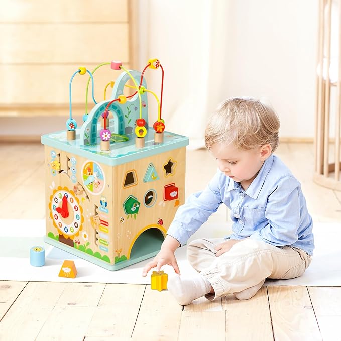 All-in-one Activity Center, 5 in 1 Baby Activity Table with Gear Game, Kids Sensory Table Play Cube with Montessori Calendar, Bead Maze, Shape Sorter, Ball Drop and More