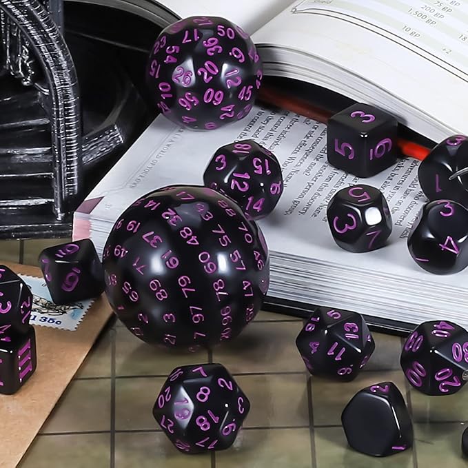 CiaraQ DND Polyhedral Dice Set (15pcs) D4-D100 Game Dice with Dice Bag for Dungeons and Dragons Role Playing Table Games (Black & Purple)