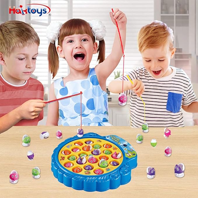 Haktoys Fishing Game for Kids & Toddlers – Battery-Operated Rotating Fishing Toy with 21 Fish, 4 Poles & Music On/Off Switch – Fun Educational Board Game for Boys & Girls