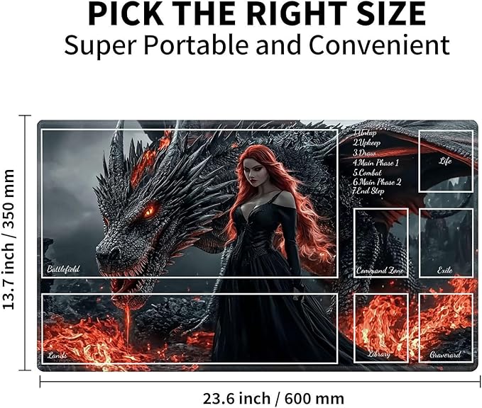 for MTG Playmat with Zones, Rubber Anti-Slip Back Waterproof Surface Easy to Clean, Stitched Reinforced Edges for Magic playmats with Storage Bag, Red Haired Woman Dragon
