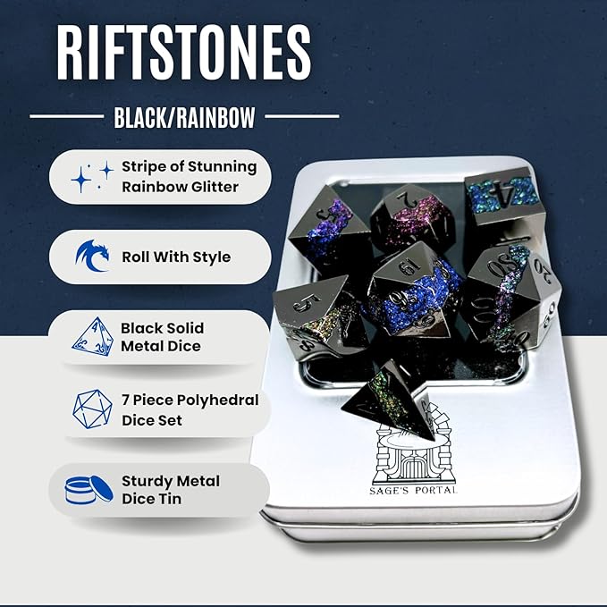 Sage's Portal Metal Riftstone DND Dice 7-PC Polyhedral Dice Set for DND TTRPG Dungeons and Dragons Pathfinder Oversized Designer Dice (Gloss Black/Rainbow)