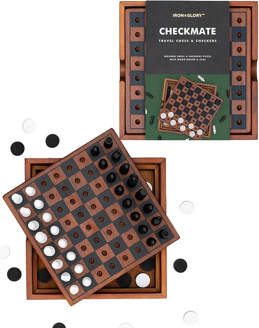 Iron & Glory Chess Board & Checkers Set | Wooden Puzzles & Games | Board Games for Family Night | Travel Games for Kids & Travel Gifts | Coffee Table Decor | Family Board Games for Games Night