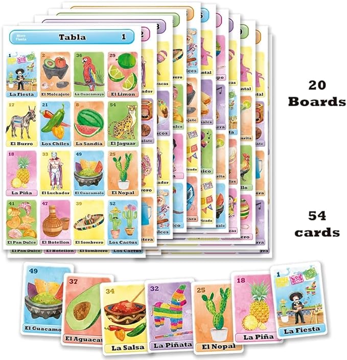 Loteria Fiesta Mexican Bingo Game Set in Spanish for 20 Players - 20 Playing Boards and Full Deck of Calling Cards