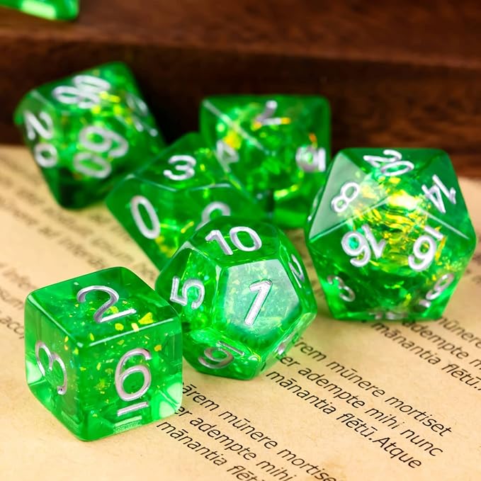 UDIXI Resin Polyhedral DND Dice Set, 7die RPG D&D Dice for Dungeons and Dragons, Pathfinder, Board Games (Green with Silver Numbers)