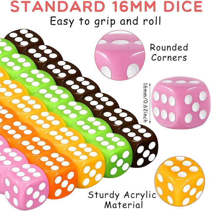 Syhood 500 Pieces 16mm Colored Dice Bulk 6 Sided Dice Set with 5 Pieces Drawstring Pouches Standard Game for Classroom Teaching Math Learning Board Dices Game 10 Color