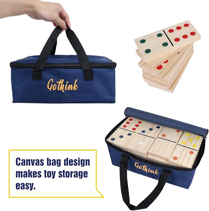 GOTHINK Giant Wood Dominoes Game Outdoor Set for Adults and Kids, 28pcs Jumbo Large-Format Domino Tile with Carrying Bag for Birthday Holiday Family Party Games & Outdoor Lawn and Backyard Activities