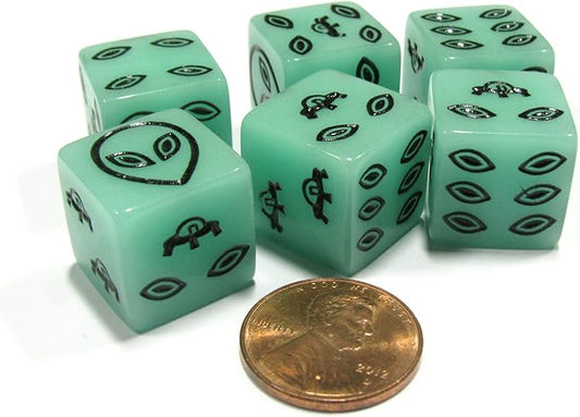 Set of 6 Alien UFO 16mm D6 Koplow Games Dice - Green with Black Etches