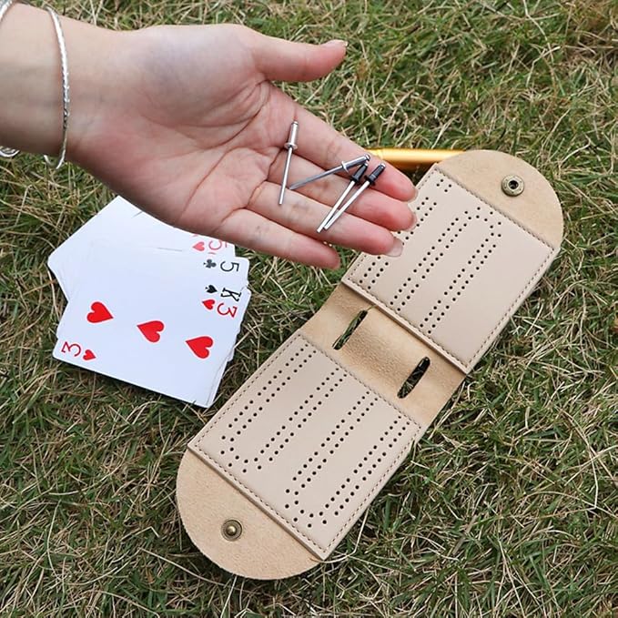 Travel Cribbage Board Game Set, Portable Cribbage Boards Unique 2 Track Cribbage Board, Foldable PU Mini Cribbage Board with 4 Cribbage Board Pegs, Folded:3.14x4.92in,After Unfolding L:10.31in (2Pcs)