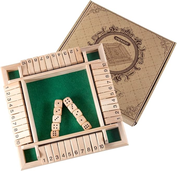 AMEROUS 1-4 Players Shut The Box Dice Game,Classic 4 Sided Wooden Board Game with 10 Dice and Instructions for Kids Adults, Tabletop Version