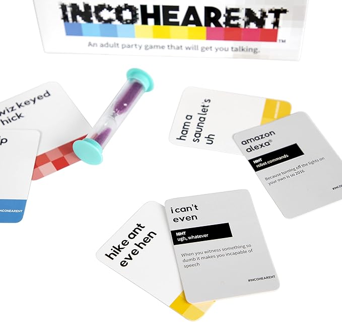Incohearent, The Guess the Gibberish Party Game by Relatable, A Funny Card Game for Adults, Great for Bachelorette Party Games or Game Night Games, Includes 400 Cards, Instructions, and 1 Sand Timer