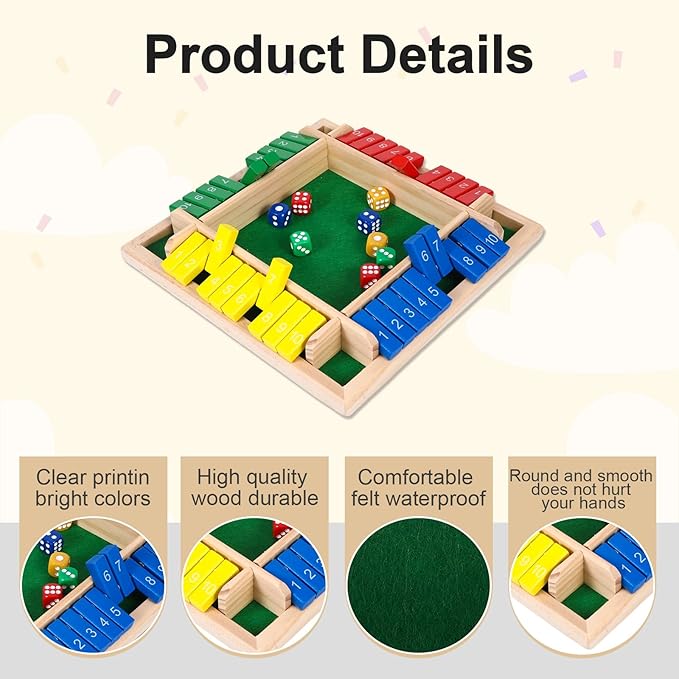 Shut The Box Game, Family Games for Kids and Adults, Classics Tabletop Math Skills Board Game, 2-4 Player Wood Board Shut The Box Dice Dame for Family Night Classroom Home Party and Pub