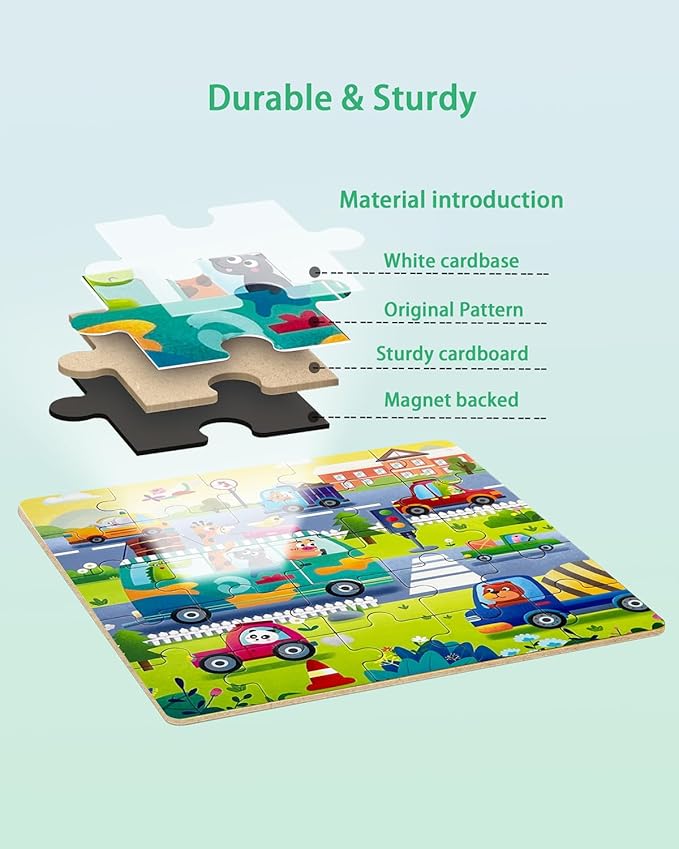 Magnetic Puzzles for Kids Ages 4-8, 3 in 1 Wooden Jigsaw Puzzles Book for Toddlers, Car Activities Toy for Girls 4-6, Learning Magnet Toys for Road Trip (Vehicle)
