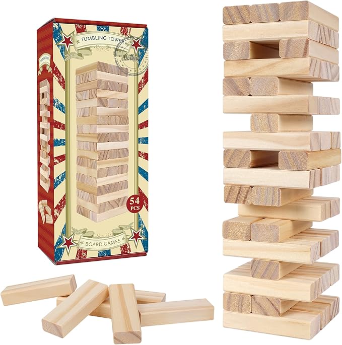 GOTHINK Tumble Tower Game for Kids and Adults, 54pcs Wooden Board Stacking Game for Family Games Night, Classical Wood Blocks Game, Standard Size