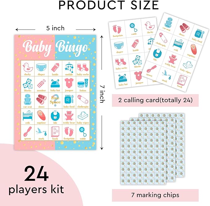 Gender Reveal Bingo Card Set - 24 Players, Neutral Gender Reveal Party Activities for Family Friends, Bingo Game Pregnancy Announcement Party Favor Supplies, for Adult Teen -15
