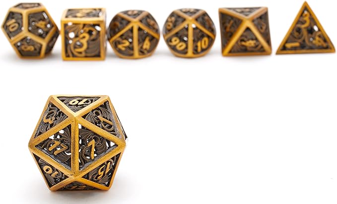 Hollow Metal DND Game Dice Dragon Design Ancient Gold 7Pcs Set for Dungeons and Dragons RPG MTG Table Games D&D Pathfinder Shadowrun and Math Teaching (with Metal Case)