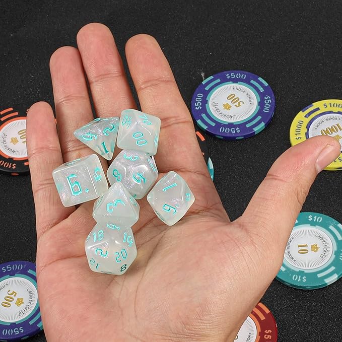 QMAY DND Dice Set -D&D Polyhedral Dice (7 Pcs) for Dungeons and Dragons (Transparent White Glitter)