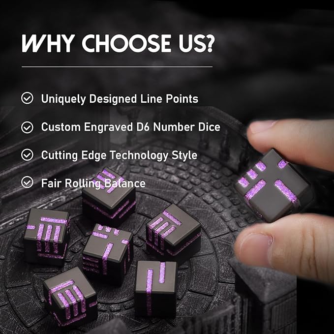 ZHOORQI D6 Metal Dice, 16mm 6 Sided Dice Set, 6Pcs/Set Tech-Themed New Concept Glittery Lines D6 Dice for DND, Tabletop RPGs Gifts（D6-Glitter Purple）