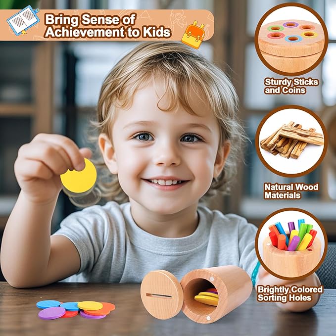 BUSOHA 2-in-1 Montessori Wooden Color Sorting Sensory Toys for 1-3 Year Old Toddlers - Fine Motor Skills Developmental Games, Travel Toys, Busy Board Gifts for Baby Boys & Girls