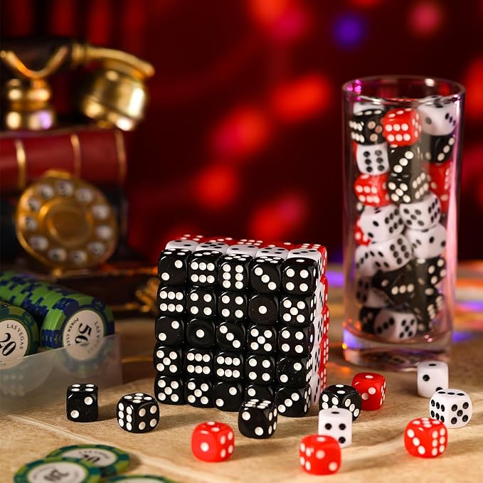 Poen 150 Packs Standard Game Dices Bulk 16mm Acrylic Casino Dice D6 for Board Activities, Birthday Party Supply(Black, Red, White,Round Corner)