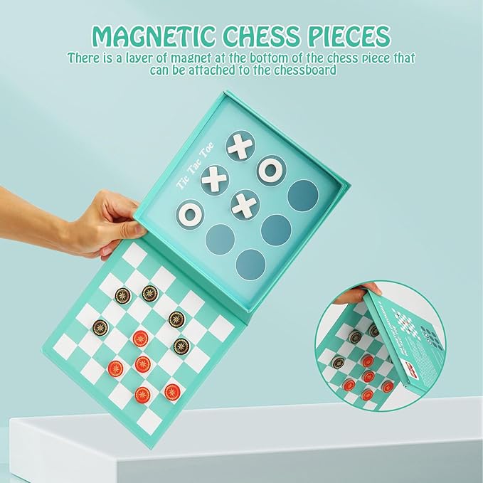 Checkers Board Game for Kids 4-12, 2 in 1 Magnetic Checkers and Tic-Tac-Toe Sets Travel Toys Travel Games, Ideal Gifts for Young Kids 4 5 6 7 8 9