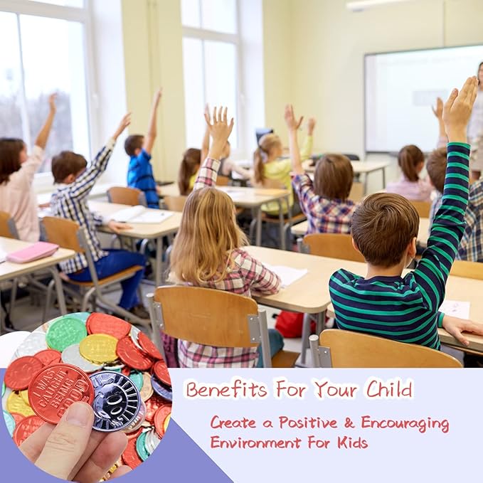 100 Pieces Smile Face Glod Coins, Colorful Plastic Reward Coins, for School Teacher Rewards and Behavior Incentives. Inscription Reading “I was Caught Being Good” on One Side
