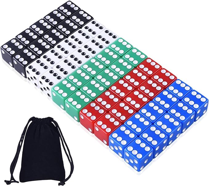 AUSTOR 50 Pieces Game Dice Set, 5 Colors Square Corner Dice with Velvet Storage Bag, Play Games Like Tenzi, Farkle, Yahtzee, Bunco or Teaching Math