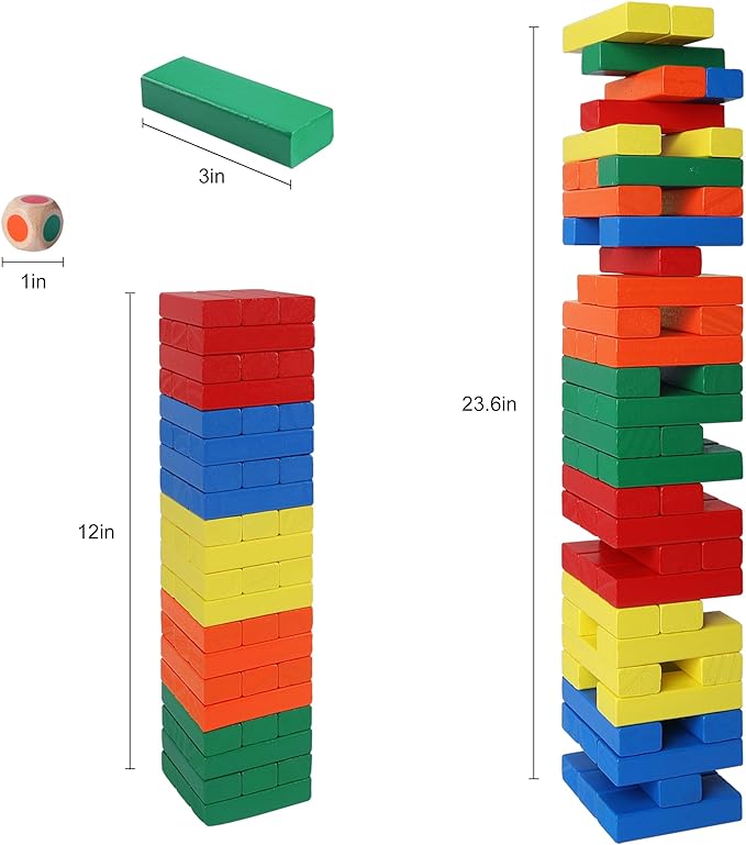 GOTHINK Tumble Tower Game for Kids and Adults, 60pcs Wooden Stacking Board Games Building Blocks for Kids and Family Games Night, Colorful Wood Balancing Blocks Game