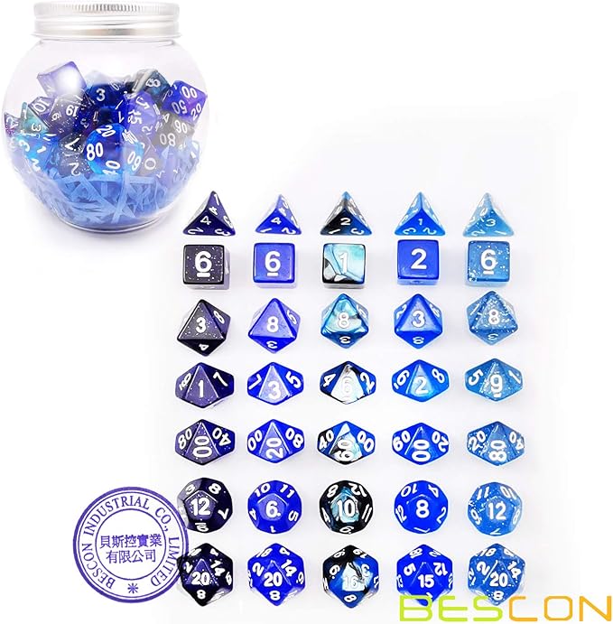 Bescon RPG Dice Set 35pcs Ocean Blue Set, DND Role Playing Game Dice 5X7pcs