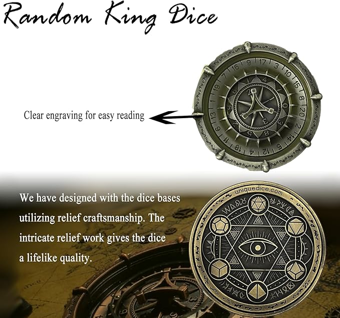 7-in-2 Random King Metal DND dice Spinner for Board Games, Maggie d&d dice Set D20 D12 D10 D% D8 D6 D4, Support 30+ Gameplay Options
