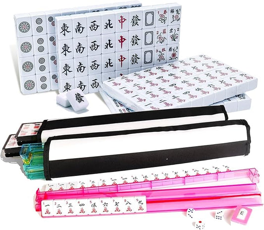 American Mahjong Game Set - Blue Soft Bag 166 Premium Tiles with 4 All-in-One Rack/Pushers,100 Chips, 1 Wind Indicator, English Manual. Easy Carry Full Size Complete MahJongg Set (Stripes)