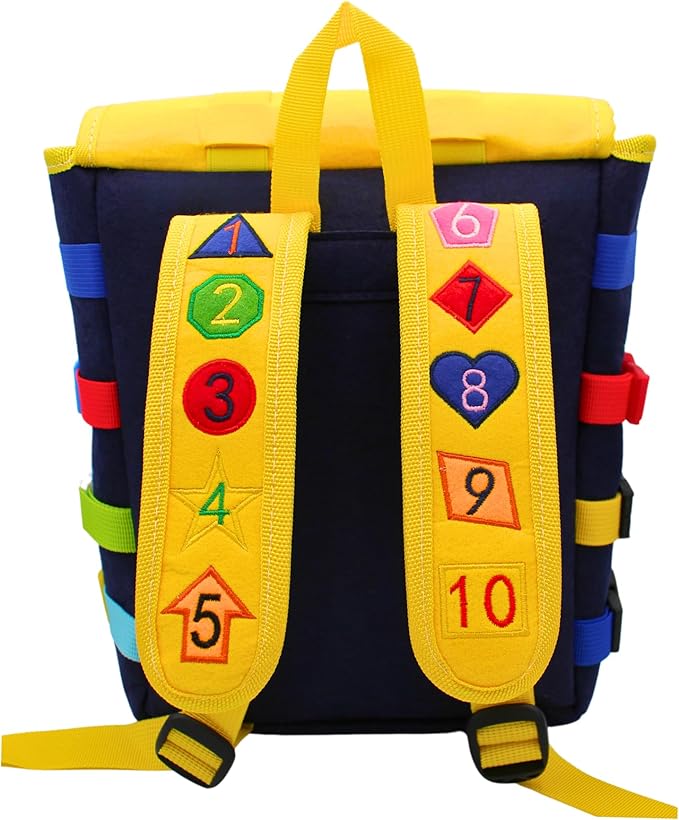 Busy Board Toddlers Travel Backpack - Learning Activities for Kids to Develop Fine Motor Skills and Basic Life Skills - Montessori Sensory Toys (Blue)