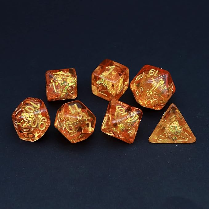 Haxtec Orange DND Dice Set RPG Fall Filled Resin Polyhedral D&D Dragon Dice with Iridescent Mylar Inclusion for Roleplaying Games Dungeons and Dragons Gift