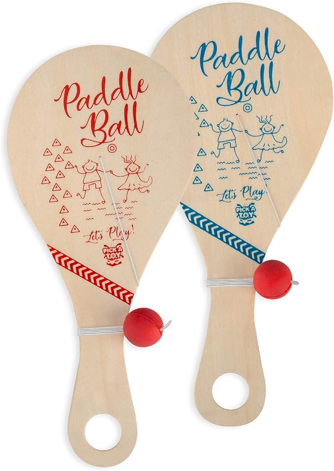 PICK A TOY Wooden Paddle Ball with String (Set of 2) with Green Carry Bag - Indoor Outdoor Toy: Kids Fun and Classic Paddleball Game for Boys and Girls, Party Favor Toys Ages 4+