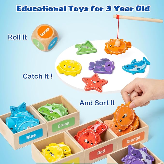 Busy edition Montessori Toys for Toddlers 1-3, Wooden Magnetic Fishing Games for Kids 3-5, Color Sorting Educational Toy for 3+ Year Old Boys Girls, Preschool Learning Toys for Toddlers 2-4 Years