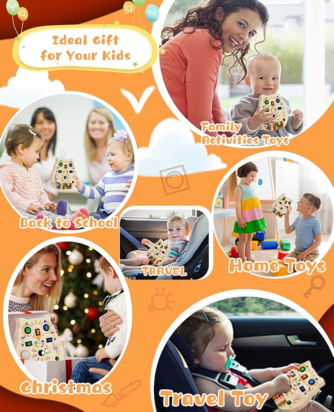 Busy Board,Montessori Wooden Sensory Toy with LED Light Switches, Music, Toddler Light Switch Activity Travel Toys for 1 2 3 Year Old Boys Girls Toddler Toys Gifts