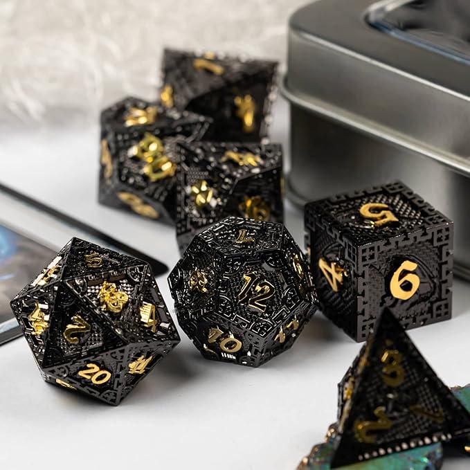 UDIXI 7PCS Metal DND Dice Set, Polyhedral Dice Set D&D Dragon d and d Dice for Role Playing Game Dungeons and Dragons and Other RPG Games (Black Golden)