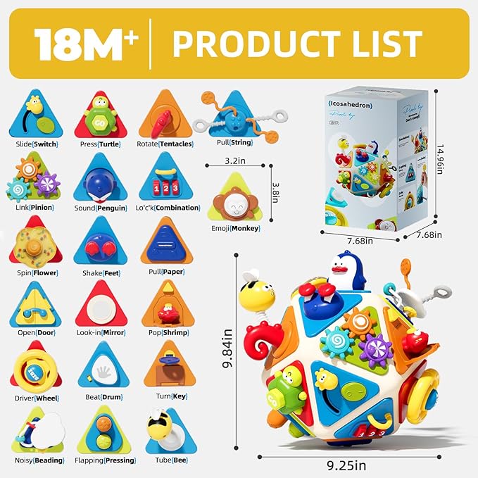 20-in-1 Toddler Busy Board Activity Cube Toys, Montessori Toy for 1 2 Year Old Boys Girls Kids, Early Educational Active Toy for Toddler 1-3, Travel Toys Gifts for 1 2 Year Old Boy Girl
