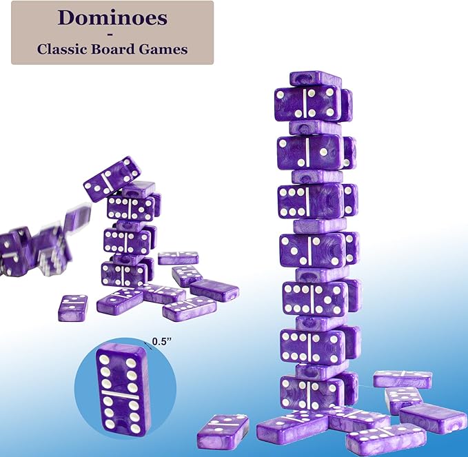 Dominos Set for Adults – Double 6 Dominos - Dominoes Set for Kids and Adults - 28 Marbleized Purple Jumbo Domino, Classic Board Game for Family Nights & Travel (Purple Case)