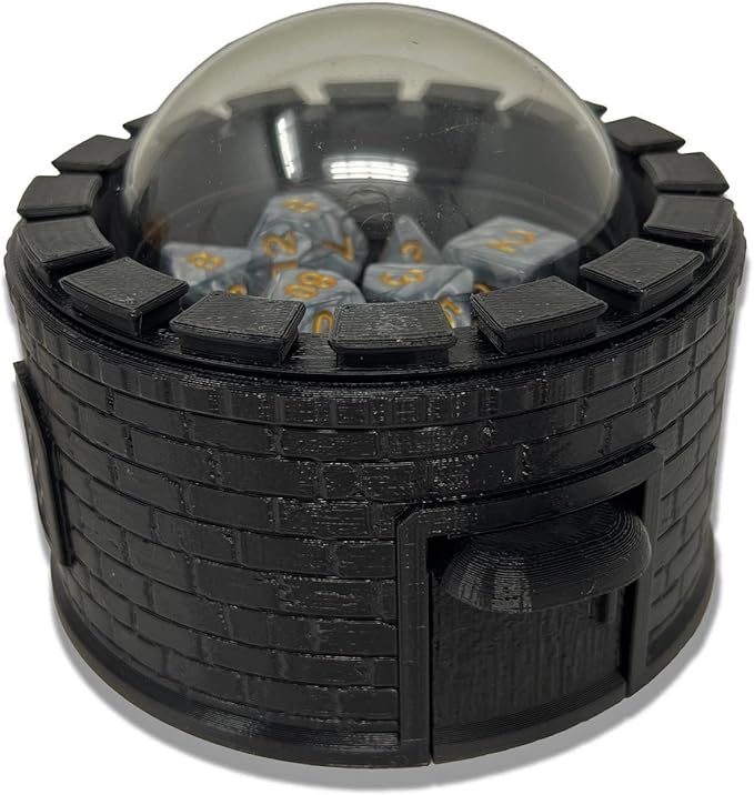 MunnyGrubbers Castle Dice Popper V2 - Jail For Board & TTRPG Games - Black, Random 7PCS D20 Dice Set Included, Tower, Holder