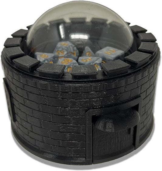 MunnyGrubbers Castle Dice Popper V2 - Jail For Board & TTRPG Games - Black, Random 7PCS D20 Dice Set Included, Tower, Holder