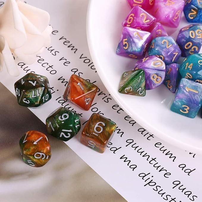 7Pcs/Set Purple Dichromatic D4 D6 D8 D10 D12 D20 Polyhedral Dices Numbers Dials Desktop Board Game Dice Bags with Drawstring Role Playing Dice Dice and Accessories
