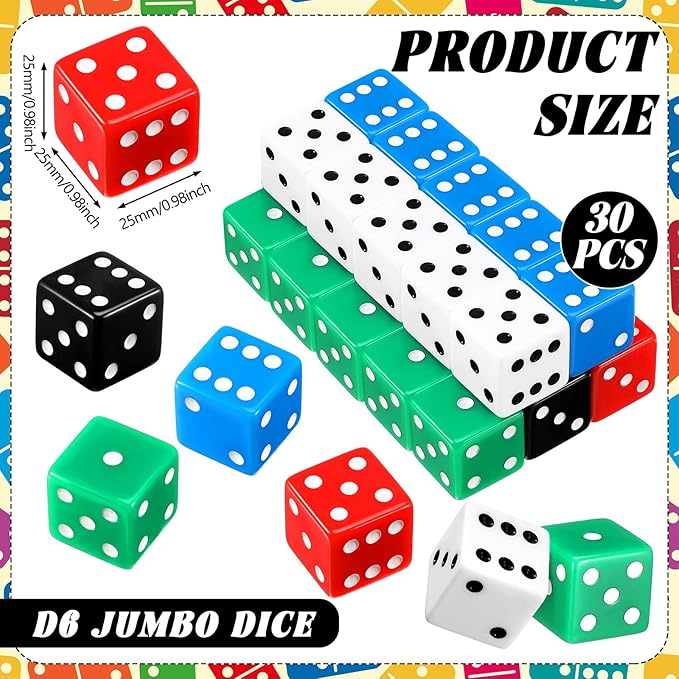 Poen 30 Pcs Standard Dice 25 mm Casino Theme Party Dice Large Opaque Jumbo Acrylic D6 Bulk Sifter for Casino Theme Party Board Vegas Birthday Supply(Colorful)