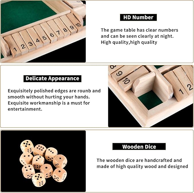 AMEROUS 1-4 Players Shut The Box Dice Game,Classic 4 Sided Wooden Board Game with 10 Dice and Instructions for Kids Adults, Tabletop Version