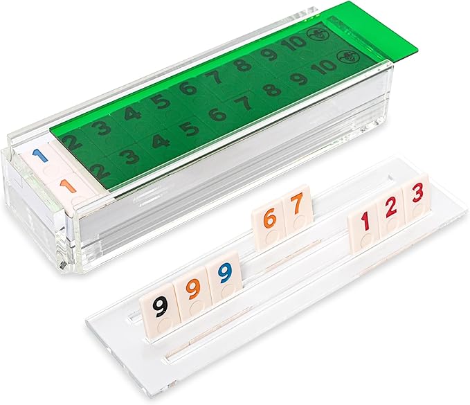 Luxury Rummy Tile Set Game in Handmade Acrylic Case with 4 Racks Included (Green)