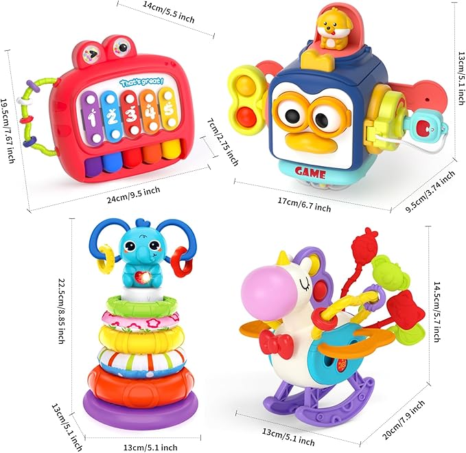 4 in 1 Baby Toys for 6 12 18 Month, Learning Toys for Babies 6-12 Months, Busy Cube, Stacking Sorter, Piano Xylophone Pull String Travel Toy, Birthday Gifts for Toddlers 1 2 Years Old